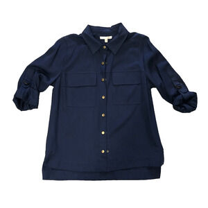 Skies‎ are Blue Full Buttom Blazer Jacket Womens S Blue 3/4 Sleeve Gold Buttons